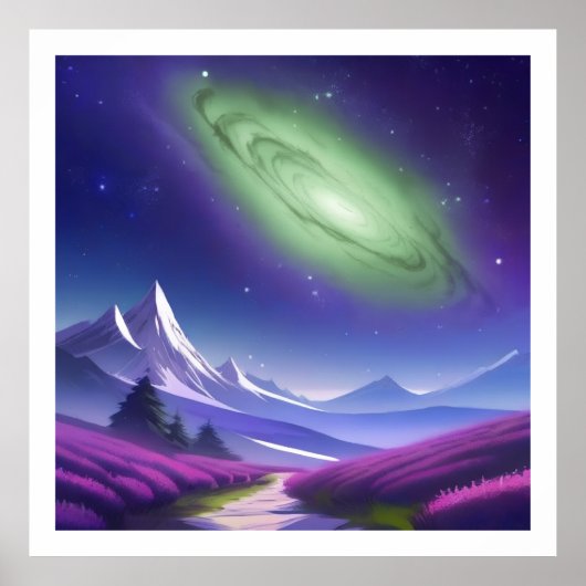 Kosmische Grüngalaxie über Lila Berglandschaft Poster (Vorne)