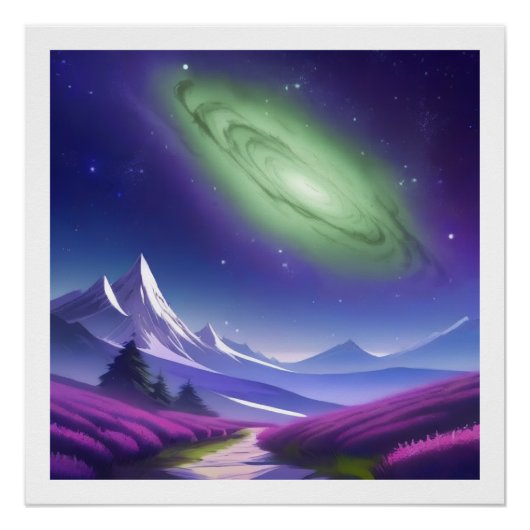 Kosmische Grüngalaxie über Lila Berglandschaft Poster (Vorderseite)