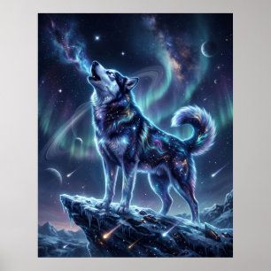 Kosmische Husky-Heulende-Aurora-Nebel-Kunst Poster