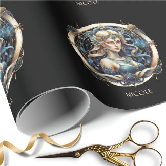 Kosmische Jungfrau Zodiac Symbol Blue Gold Script Geschenkpapier
