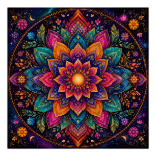 KOSMISCHE JUWELIENFARBENE FLORALE MANDALA-KUNST POSTER