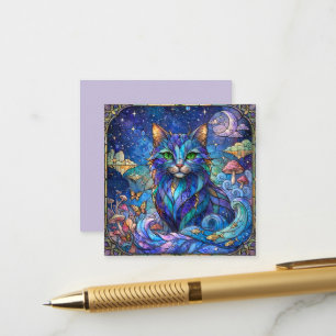 Kosmische Katze Buntglas Surreal Blau Grüne Augen Begleitkarte