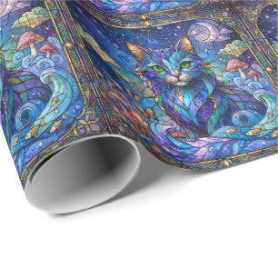 Kosmische Katze Buntglas Surreal Blau Grüne Augen Geschenkpapier