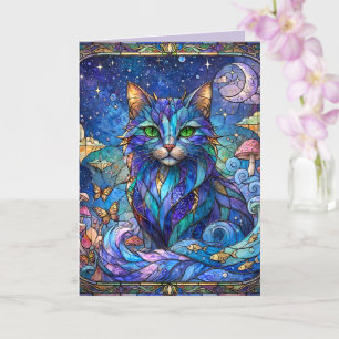 Kosmische Katze Buntglas Surreal Blau Grüne Augen Karte