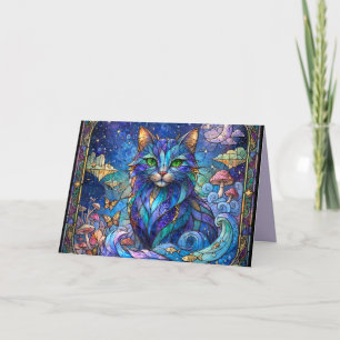 Kosmische Katze Buntglas Surreal Blau Grüne Augen Karte