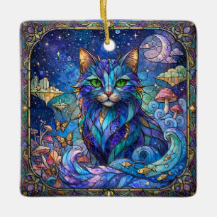 Kosmische Katze Buntglas Surreal Blau Grüne Augen Keramikornament