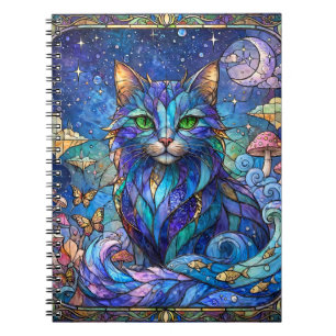 Kosmische Katze Buntglas Surreal Blau Grüne Augen Notizblock