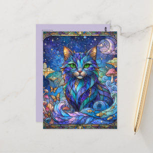 Kosmische Katze Buntglas Surreal Blau Grüne Augen Postkarte