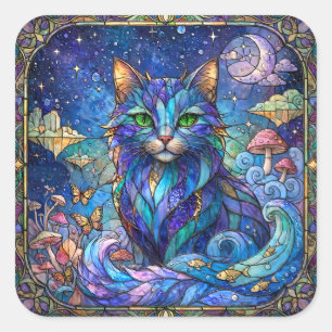 Kosmische Katze Buntglas Surreal Blau Grüne Augen Quadratischer Aufkleber