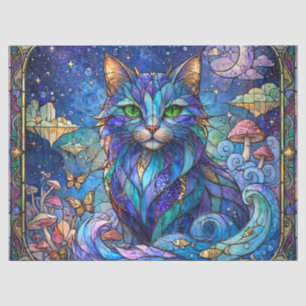Kosmische Katze Buntglas Surreal Blau Grüne Augen Seidenpapier