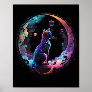 Kosmische Katze Cool farbiger Halbmond und Wolken Poster