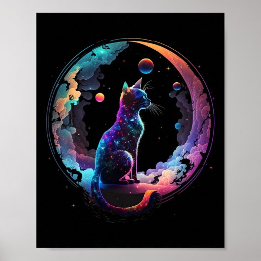 Kosmische Katze Cool farbiger Halbmond und Wolken Poster (Vorne)