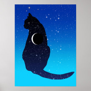 Kosmische Katze in Sternen- und Halbmondmuster Poster