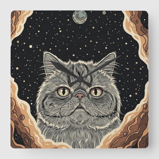 Kosmische Katze Quadratische Wanduhr (Vorderseite)