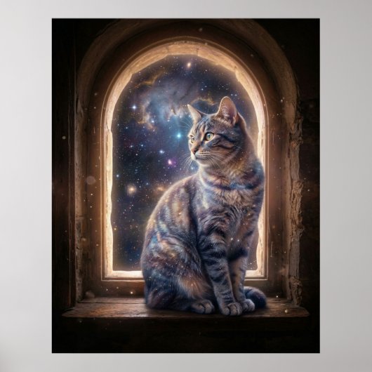 Kosmische Katzen-Sternen-Fenster Poster (Vorne)