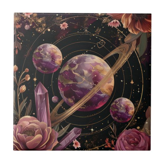 Kosmische Kristallberingte Planeten-Fantasy-Kunst Fliese (Vorderseite)