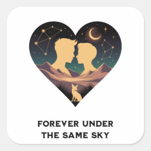 Kosmische Liebe Geschichte Herz mit Liebe und Fox Quadratischer Aufkleber