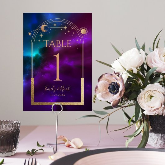 Kosmische Lila Aquamarine Gold Sun Moon Astronomie Tischnummer