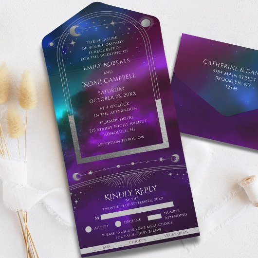 Kosmische Lila Aquamarine Silver Sun Moon Hochzeit All In One Einladung