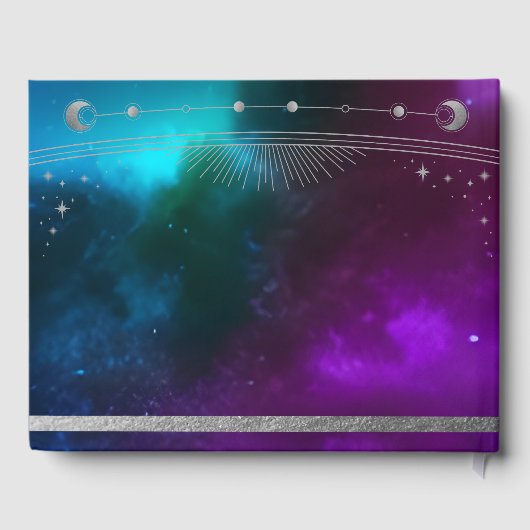 Kosmische Lila Aquamarine Silver Sun Moon Hochzeit Gästebuch (Rückseite)