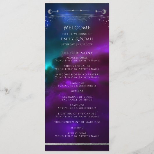 Kosmische Lila Aquamarine Silver Sun Moon Hochzeit Programm (Vorderseite)