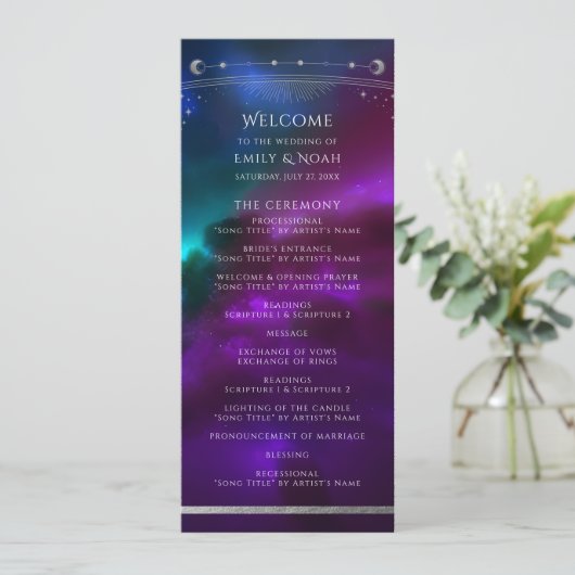 Kosmische Lila Aquamarine Silver Sun Moon Hochzeit Programm (Stehend Vorderseite)