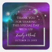 Kosmische Lila Aquamarine Silver Sun Moon Hochzeit Quadratischer Aufkleber (Vorderseite)