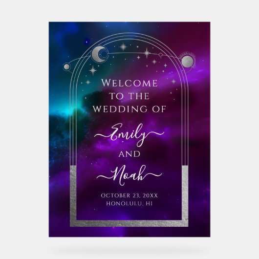 Kosmische Lila Aquamarine Sonnenstrahlen Begrüßung Acrylschild (Vorderseite)