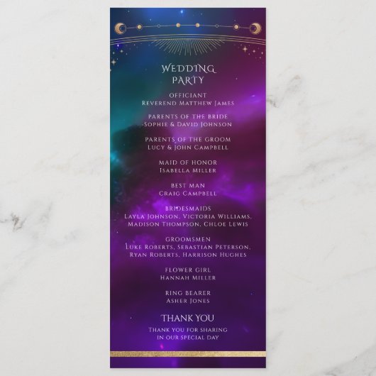 Kosmische Lila Aquamarine Sonnenstrahlen Hochzeit Programm (Rückseite)