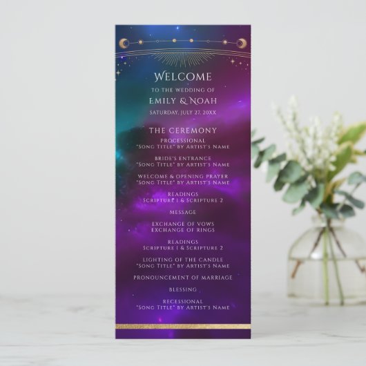 Kosmische Lila Aquamarine Sonnenstrahlen Hochzeit Programm (Stehend Vorderseite)