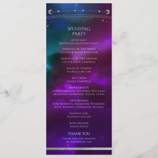 Kosmische Lila Aquamarine Sonnenstrahlen Hochzeit Programm (Rückseite)