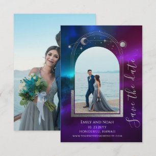 Kosmische Lila Aquamarine Sonnenstrahlen Hochzeit Save The Date