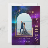 Kosmische Lila Aquamarine Sonnenstrahlen Save The Date (Vorderseite)