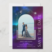 Kosmische Lila Aquamarine Sonnenstrahlen Save The Date (Vorderseite)