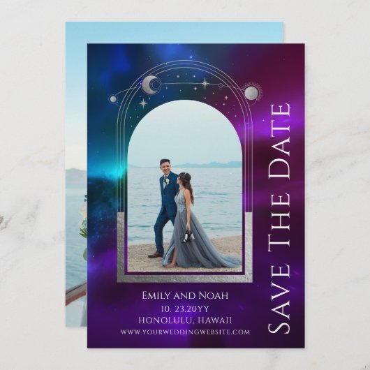 Kosmische Lila Aquamarine Sonnenstrahlen Save The Date (Vorne/Hinten)