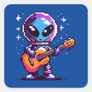 Kosmische Melodie: 8-Bit-Alien mit Gitarre Quadratischer Aufkleber