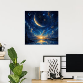 Kosmische Mondsichel-Fantasielandschaft — Blaues G Poster