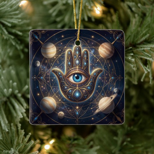 Kosmische Navy-Gold-Hamsa-Böser-Blick Keramikornament (Baum)