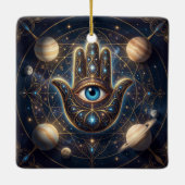 Kosmische Navy-Gold-Hamsa-Böser-Blick Keramikornament (Rückseite)