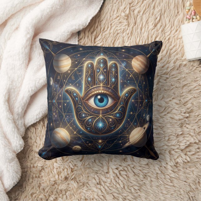 Kosmische Navy-Gold-Hamsa-Böser-Blick Kissen (Decke)