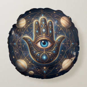 Kosmische Navy Gold Hamsa Böser Blick Rundes Kissen