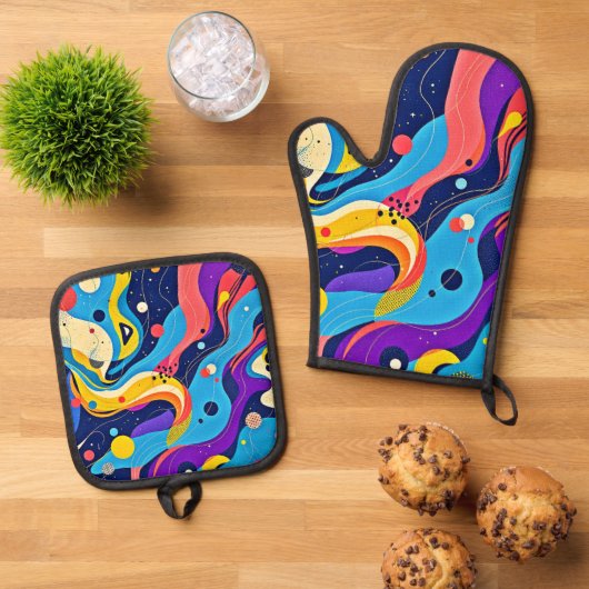 Kosmische Rhythmuskunst Ofenhandschuh & Topflappen-Set (Oben Unten)