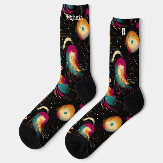 Kosmische schwarze Socken mit lebhaftem Nebeldesig (Linkes Detail)