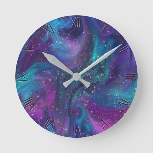 Kosmische Tinte | Türkisblaue Lila Galaxie Runde Wanduhr (Vorderseite)