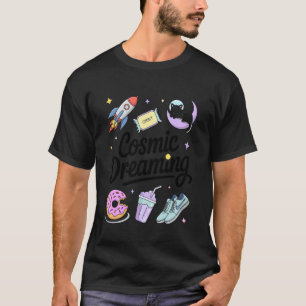 Kosmische Träumende Weltraumkatze Mond Rakete Ster T-Shirt