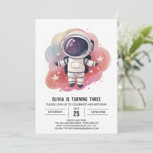 Kosmische Wasserfarbe Explorer Astronaut Geburtsta Einladung (Stehend Vorderseite)