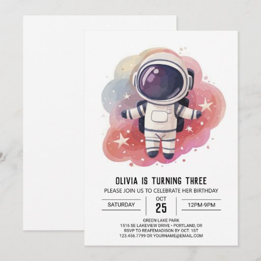 Kosmische Wasserfarbe Explorer Astronaut Geburtsta Einladung (Vorne/Hinten)