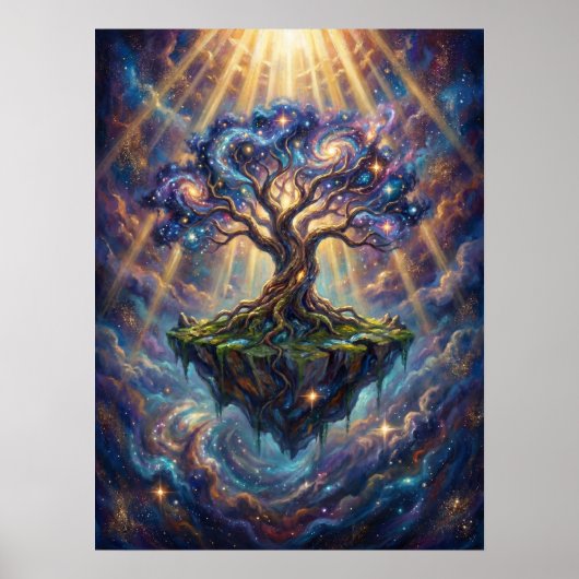 Kosmischer Baum des Lebens auf schwimmender Insel Poster (Vorne)