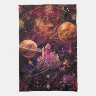 Kosmischer Blumenplanet Lila Nebel Weltraum Geschirrtuch