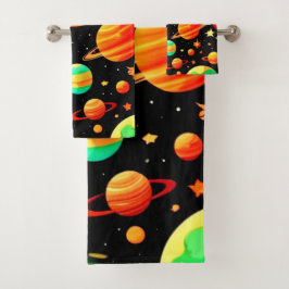 Kosmischer Cartoon in warmen Farbtönen Badhandtuch Set